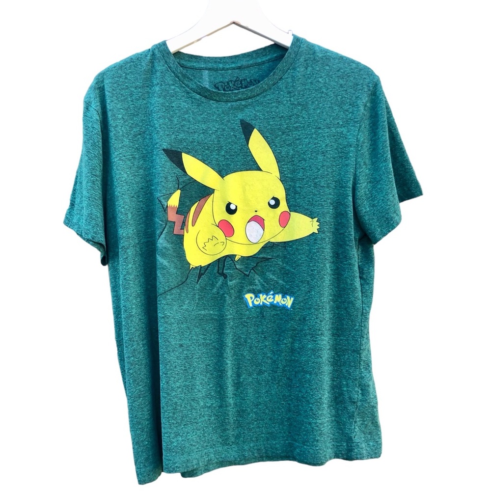 Pokemon Pikachu Tee Shirt Green Crew Neck Short Sleeve Sz. Medium